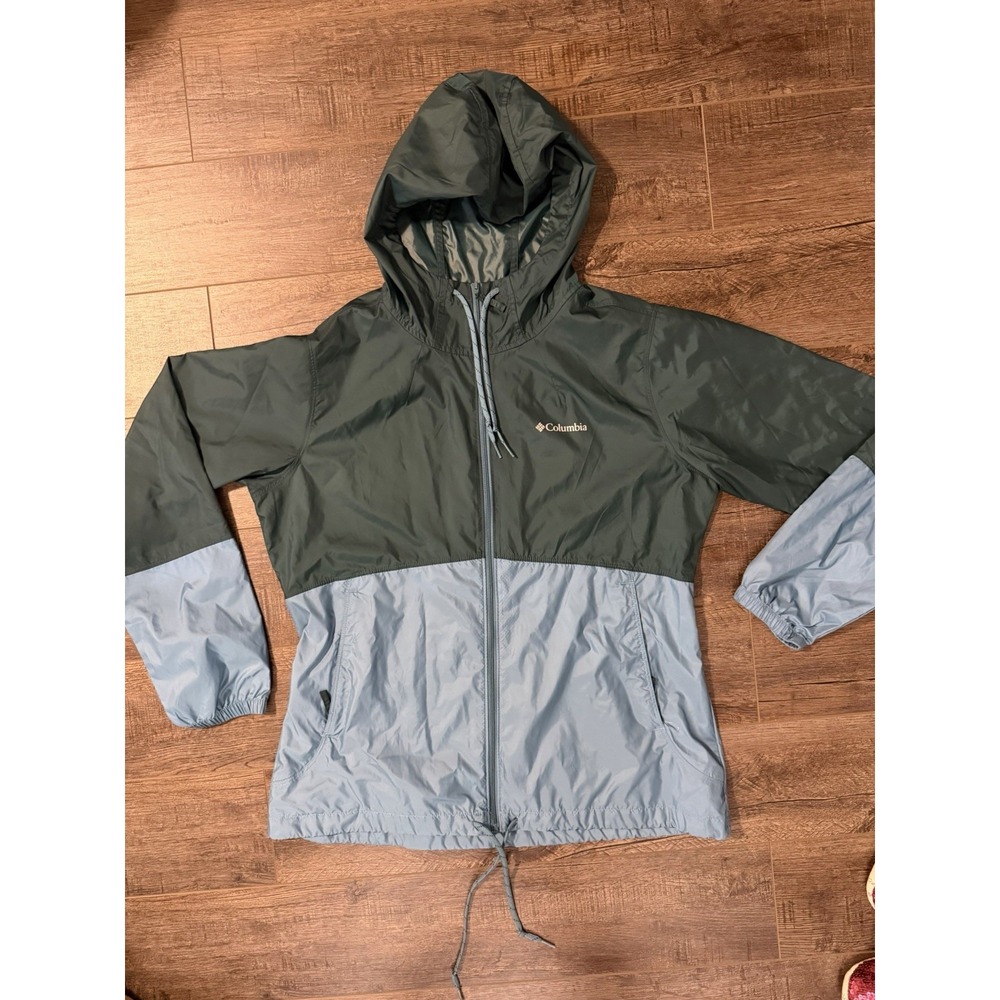 Columbia Womens Flash Forward Windbreaker Jacket Hooded Colorblock Teal Blue L